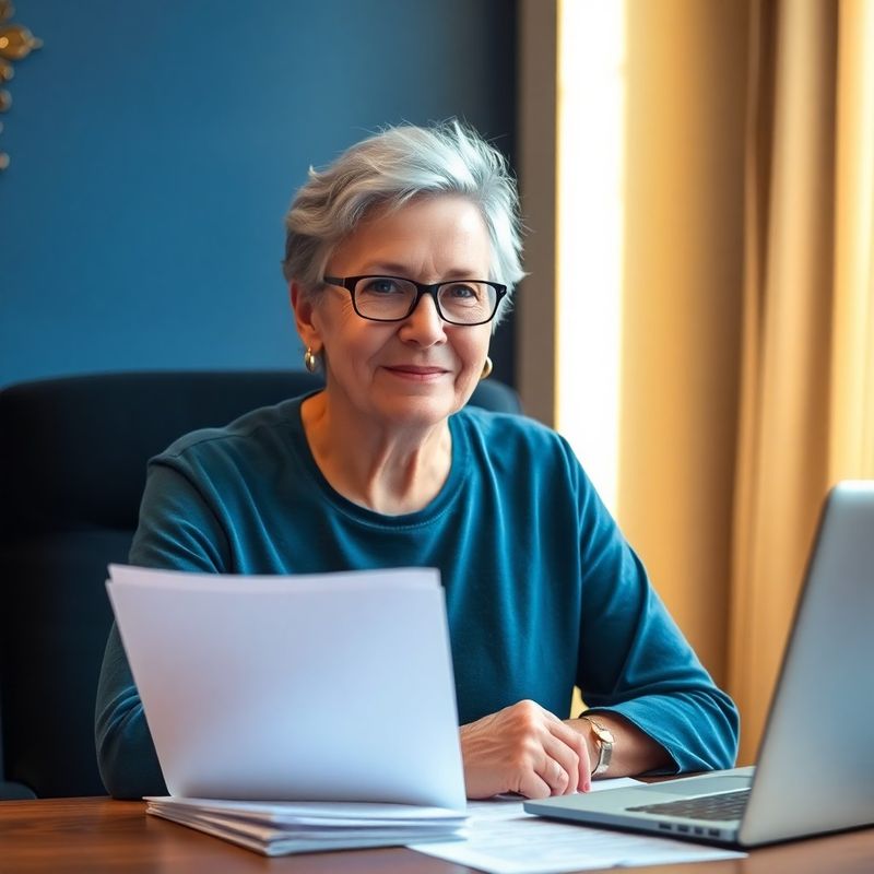 Osoba v padesátých letech u pracovního stolu s penzijními dokumenty a notebookem